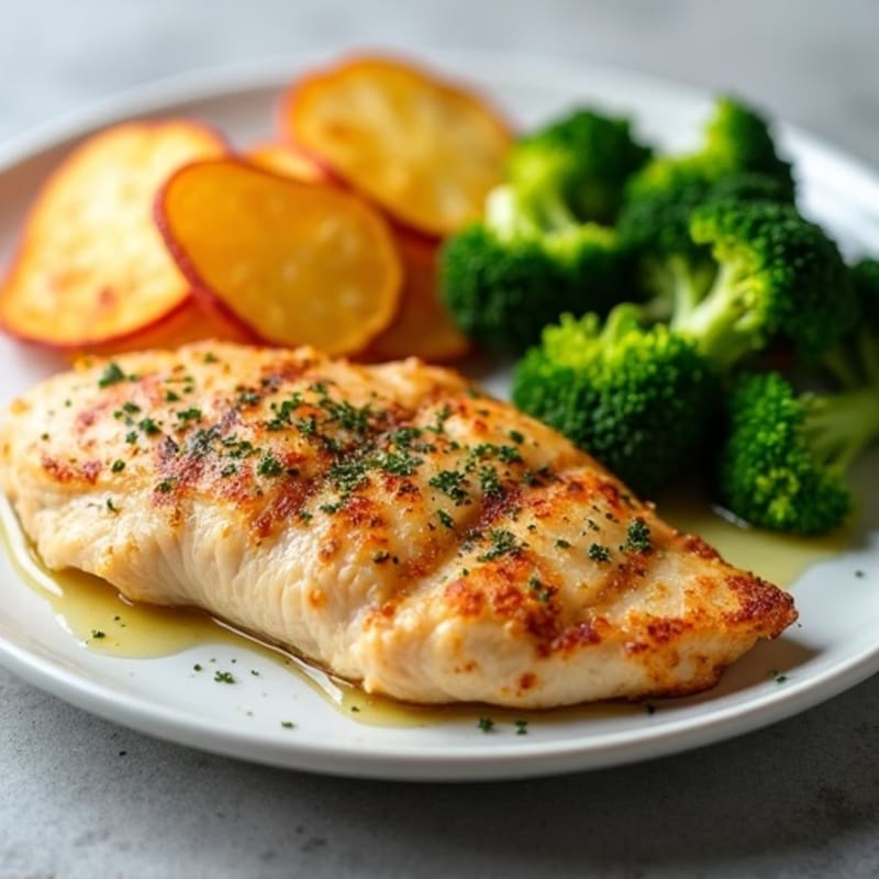 Baked Chicken Breast with Herb Potato Chips and Steamed Broccoli