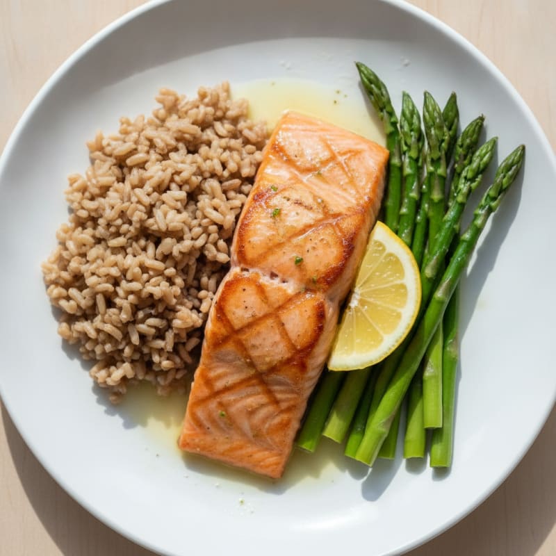 Seared Salmon Fillet with Steamed Asparagus and Brown Rice