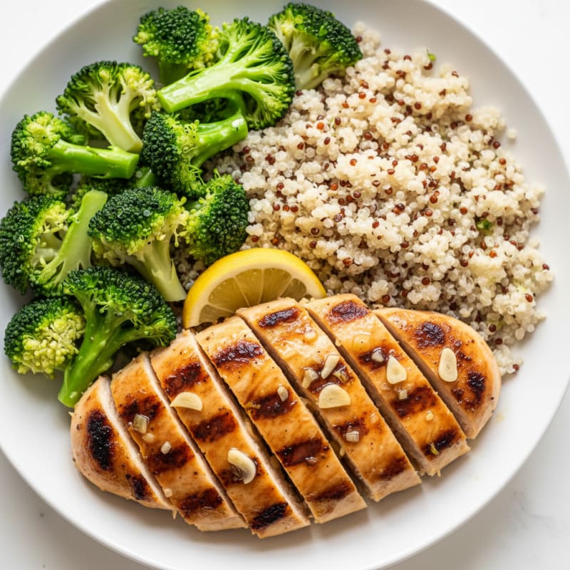 Grilled Lemon Garlic Chicken Breast with Quinoa and Steamed Broccoli