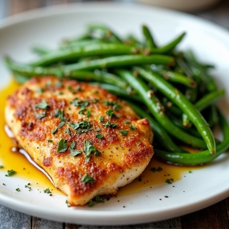 Crispy Garlic Herb Pan-Seared Chicken with Roasted Green Beans