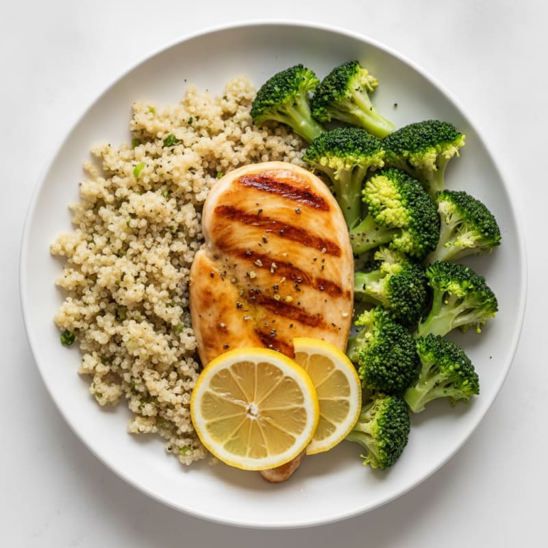 Grilled Lemon Chicken Breast with Quinoa and Steamed Broccoli
