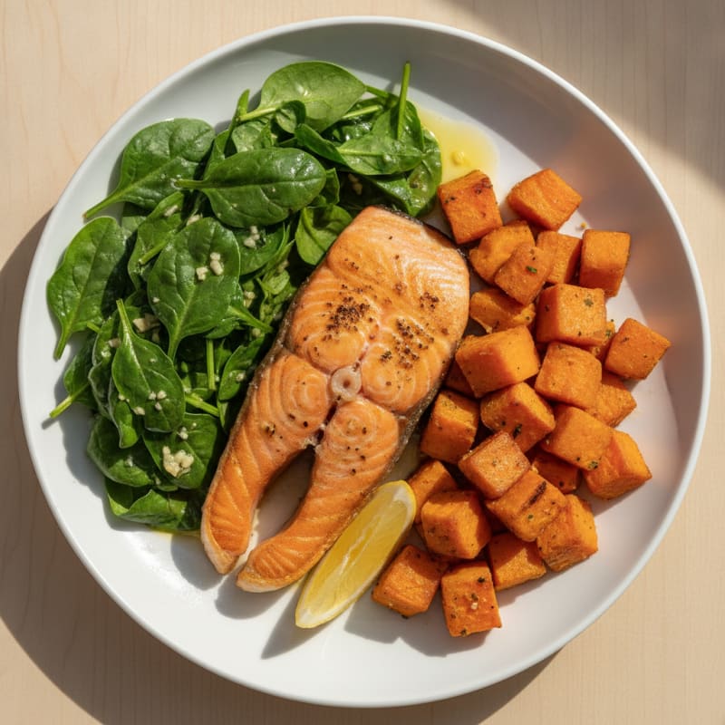 Seared Salmon with Garlic Sautéed Spinach and Roasted Sweet Potato