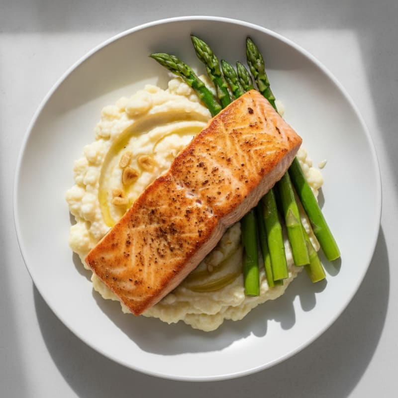 Seared Salmon with Steamed Asparagus and Garlic Mashed Cauliflower