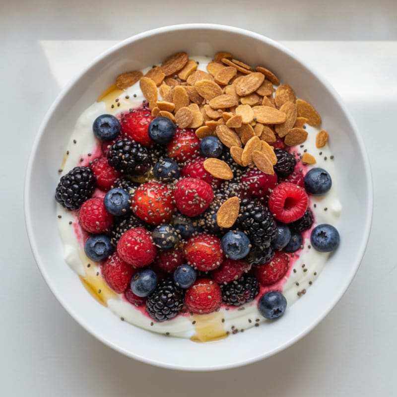 Greek Yogurt Protein Parfait with Mixed Berries and Almonds
