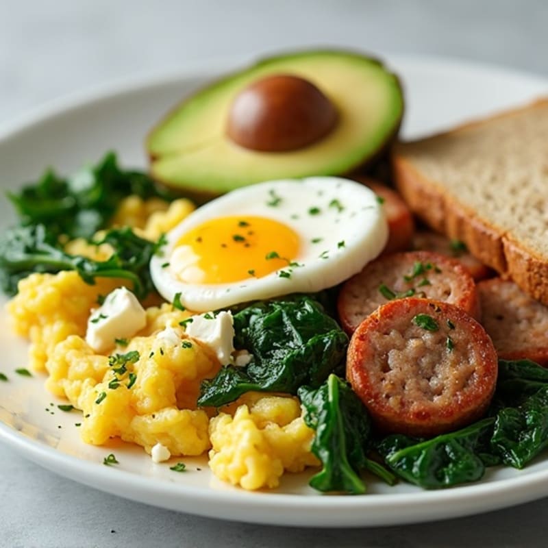 Egg White Scramble with Turkey Sausage and Sautéed Spinach