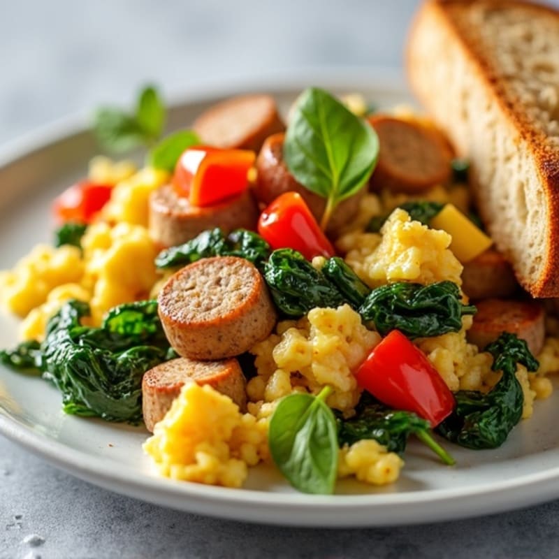Egg White and Chicken Sausage Scramble with Spinach and Bell Peppers
