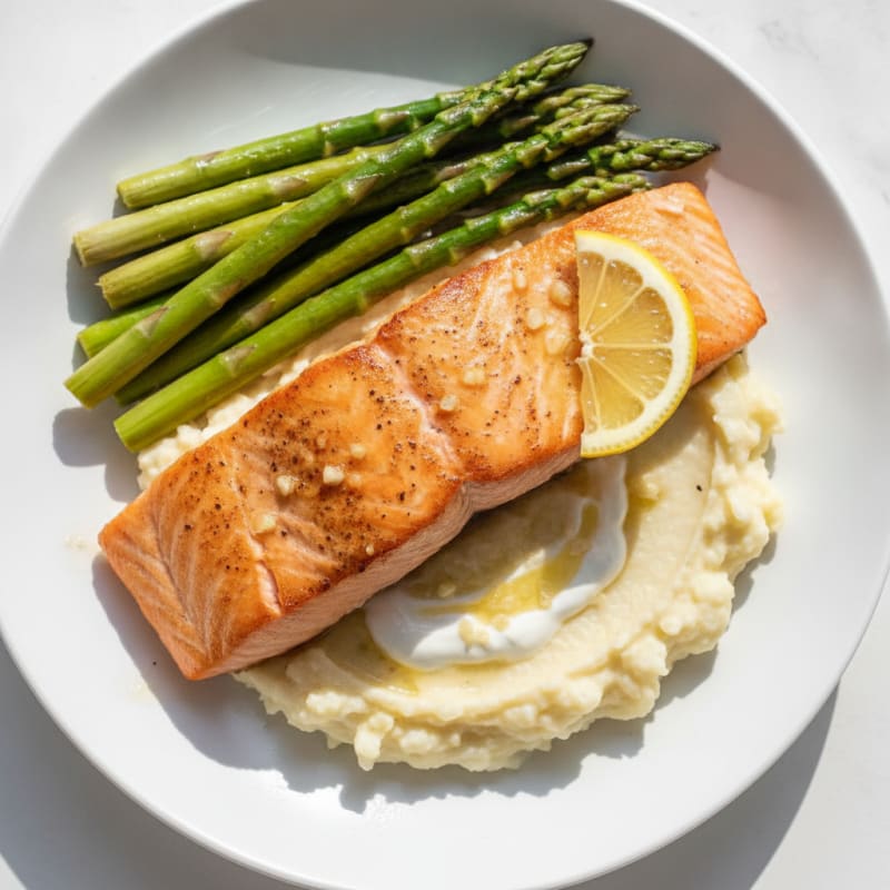 Seared Salmon with Steamed Asparagus and Cauliflower Mash