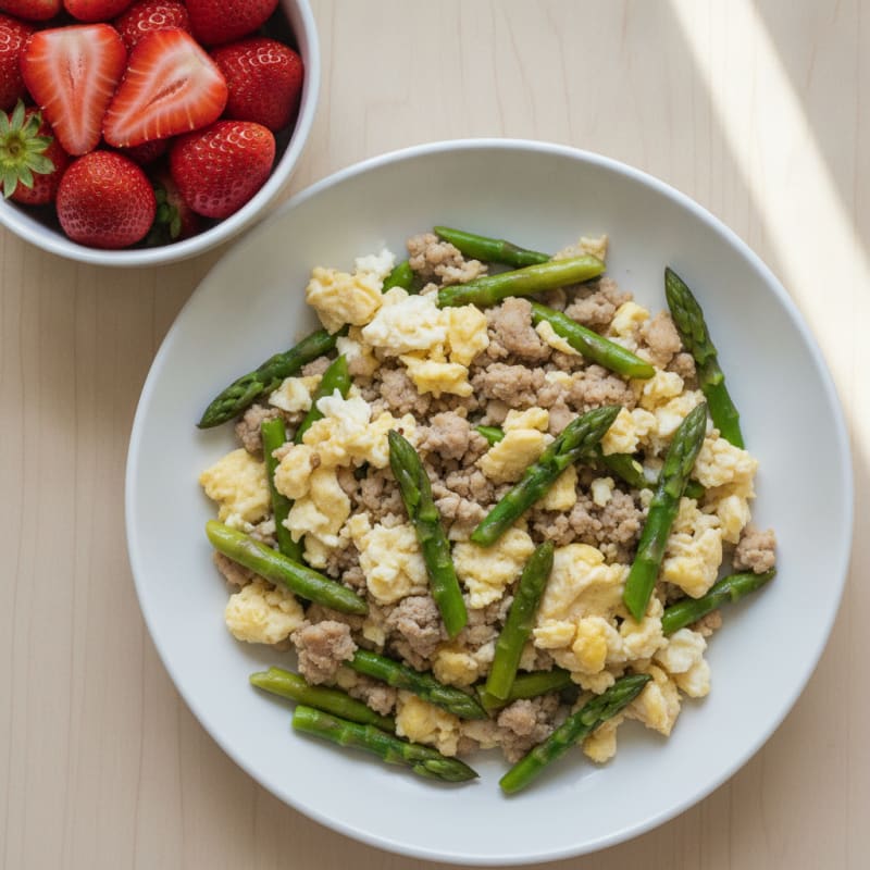 Ground Turkey Egg White Scramble with Asparagus and Fresh Fruit