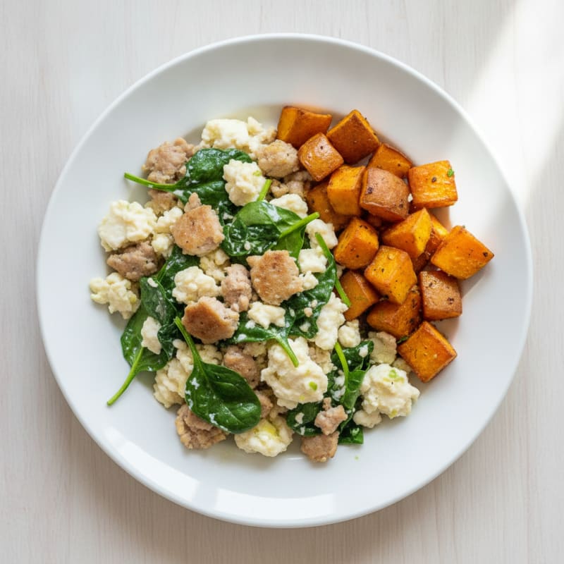 Egg White and Turkey Sausage Scramble with Spinach and Roasted Sweet Potatoes