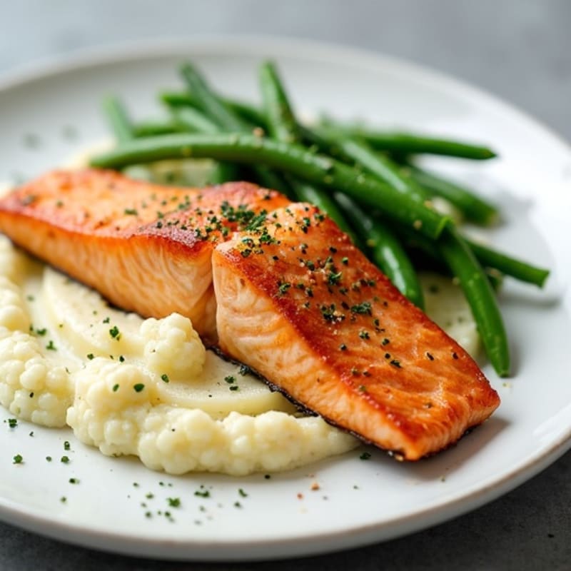 Seared Salmon Fillet with Garlic Green Beans and Cauliflower Mash