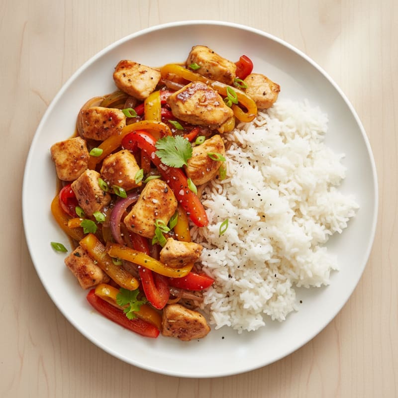 Chicken and Bell Pepper Stir-Fry with White Rice