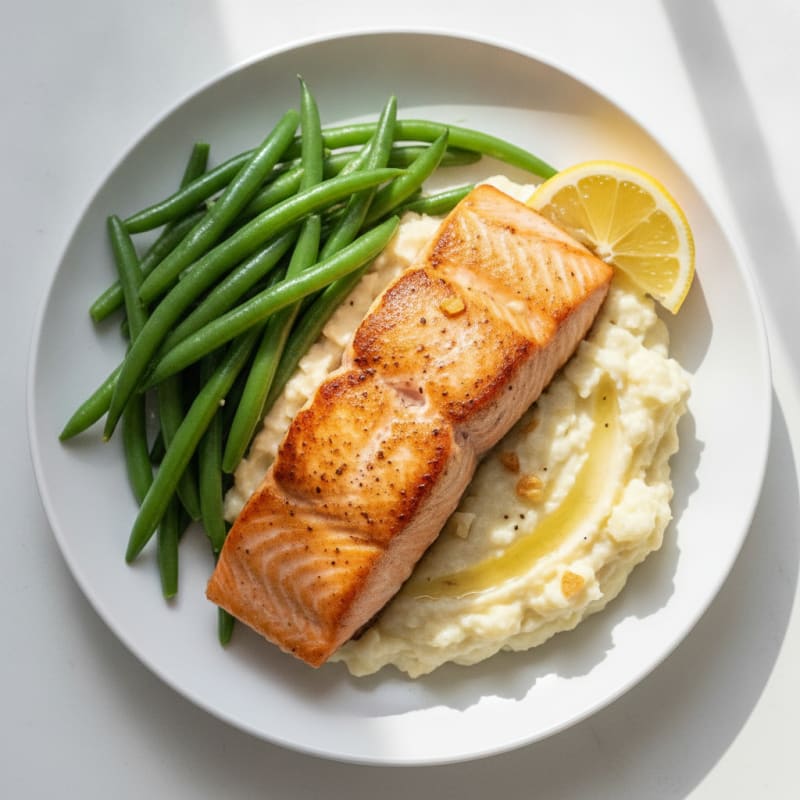 Seared Salmon with Steamed Green Beans and Garlic Mashed Cauliflower