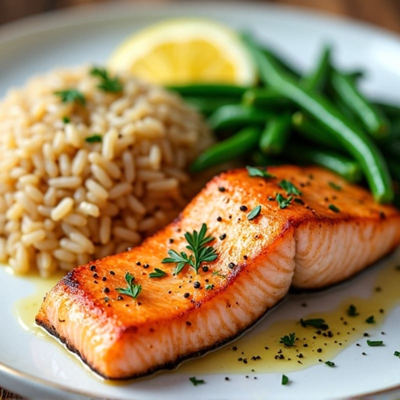 Seared Salmon Fillet with Garlic Green Beans and Brown Rice