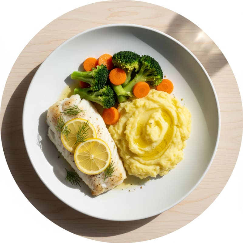 Herb-Baked Fish with Golden Potato Mash and Steamed Vegetables
