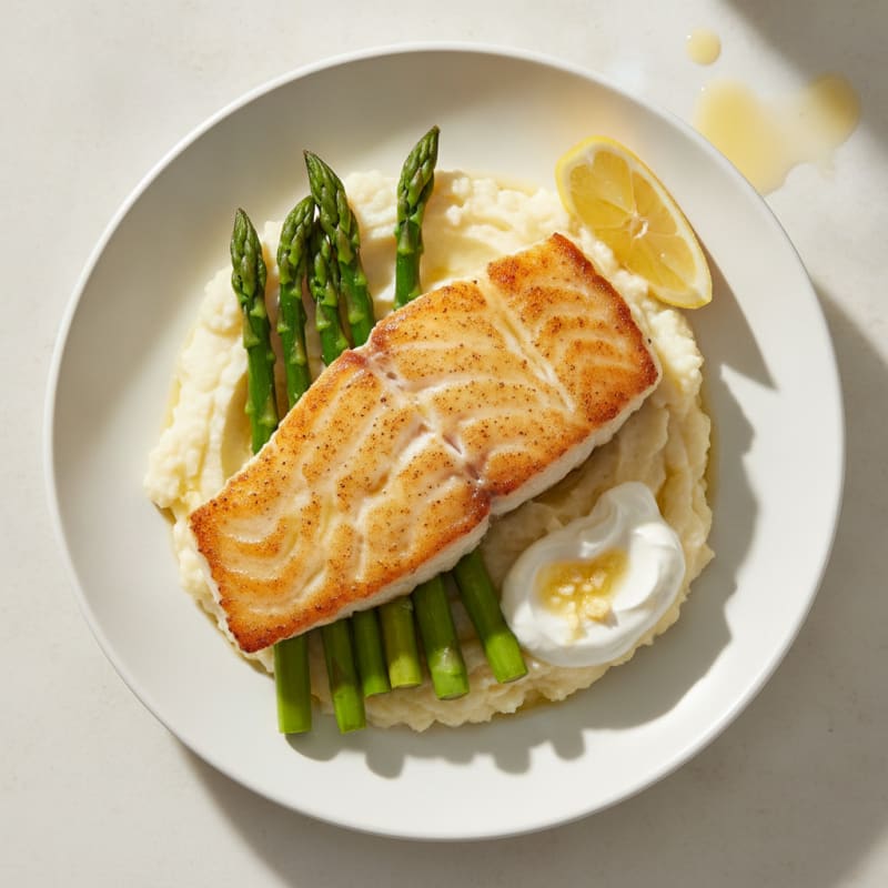 Seared Cod Fillet with Steamed Asparagus and Cauliflower Mash