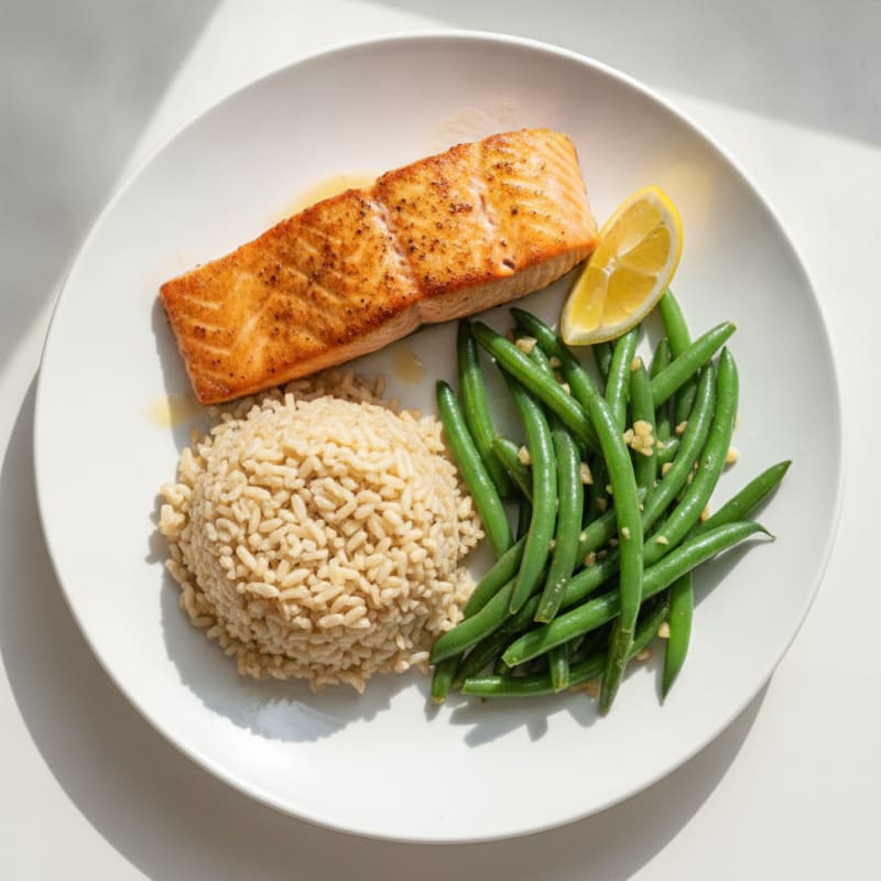 Seared Salmon with Garlic Green Beans and Brown Rice