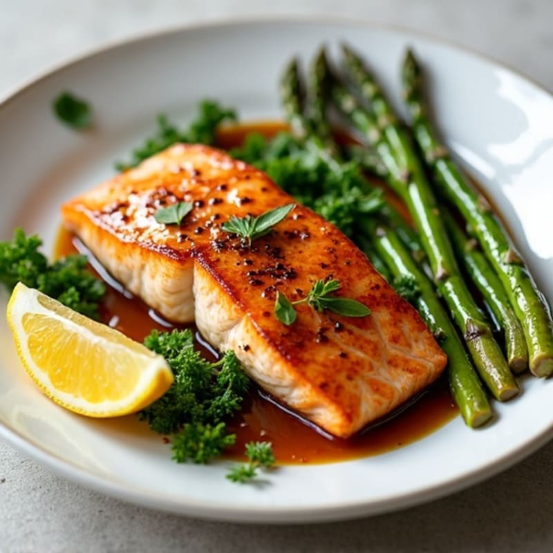 Pan-Seared Teriyaki Glazed Salmon with Roasted Asparagus