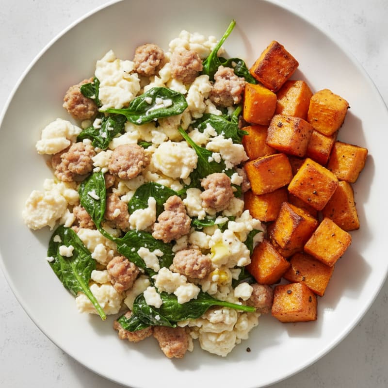 Egg White and Turkey Sausage Scramble with Spinach and Roasted Sweet Potato