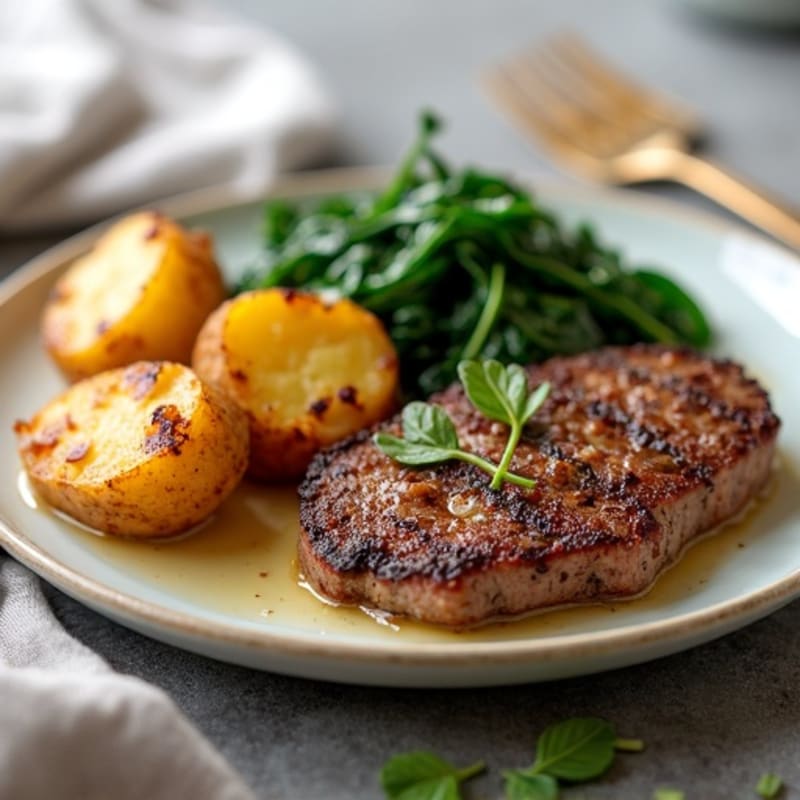 Lean Ground Beef and Crispy Roasted Potatoes with Sautéed Greens