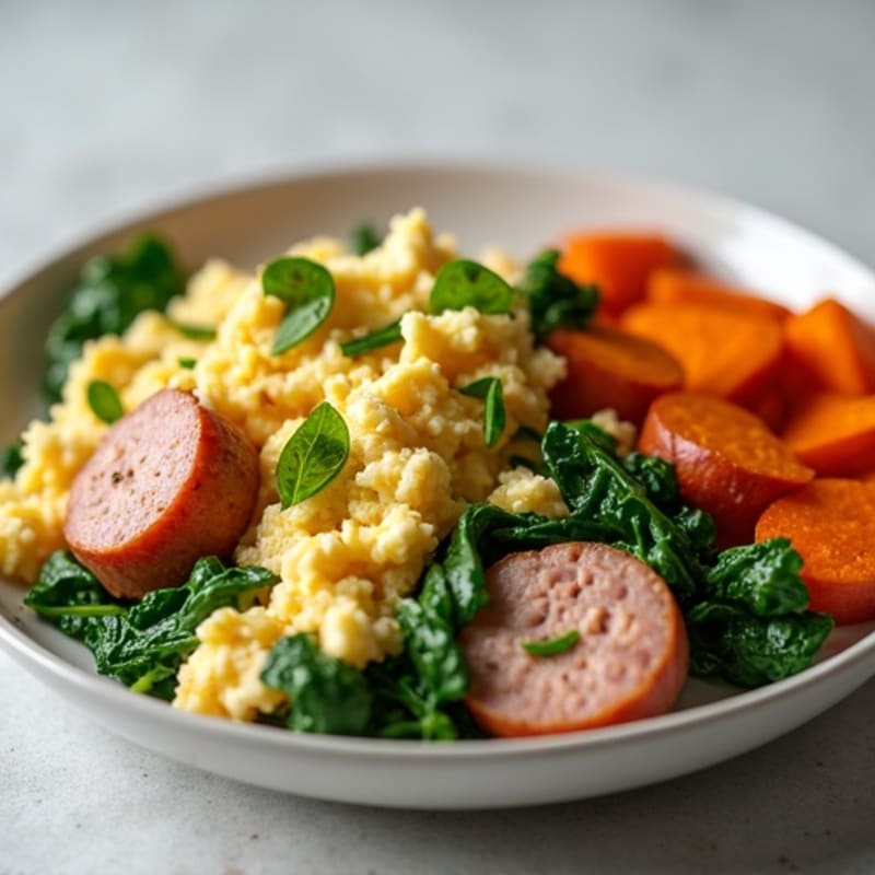 Egg White and Turkey Sausage Scramble with Spinach and Roasted Sweet Potato