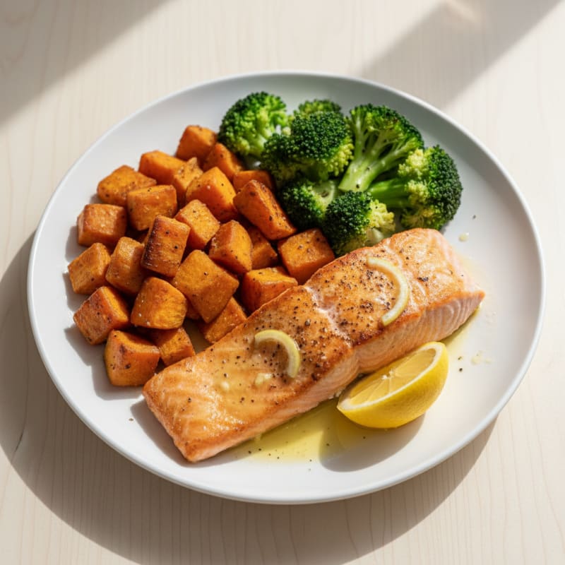 Seared Salmon with Roasted Sweet Potatoes and Steamed Broccoli