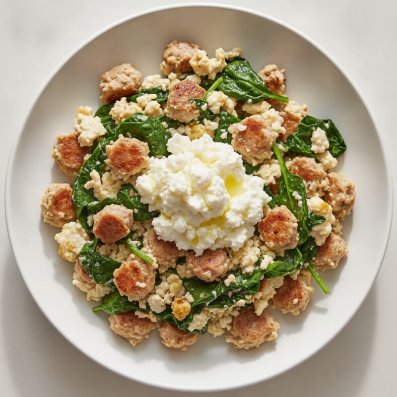 Egg White and Turkey Sausage Scramble with Spinach and Cottage Cheese