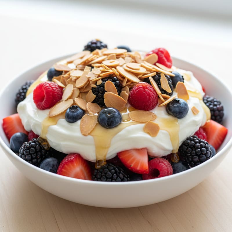 Greek Yogurt Protein Parfait with Mixed Berries and Almonds