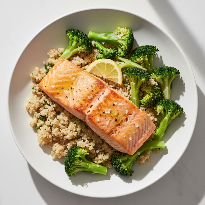 Seared Salmon with Steamed Broccoli and Quinoa