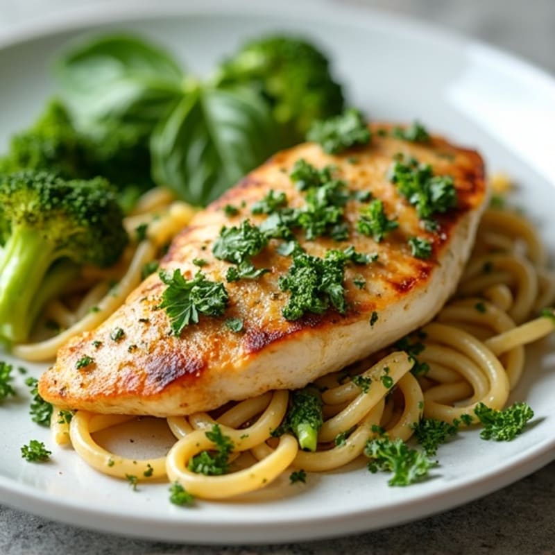 Chicken with Fresh Pesto Whole Wheat Pasta and Crispy Roasted Broccoli