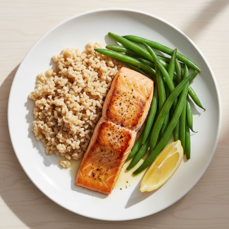 Seared Salmon Fillet with Steamed Green Beans and Brown Rice