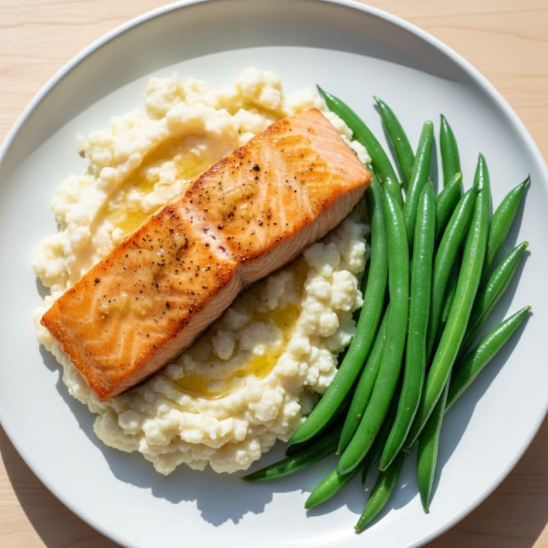 Seared Salmon with Steamed Green Beans and Garlic Mashed Cauliflower