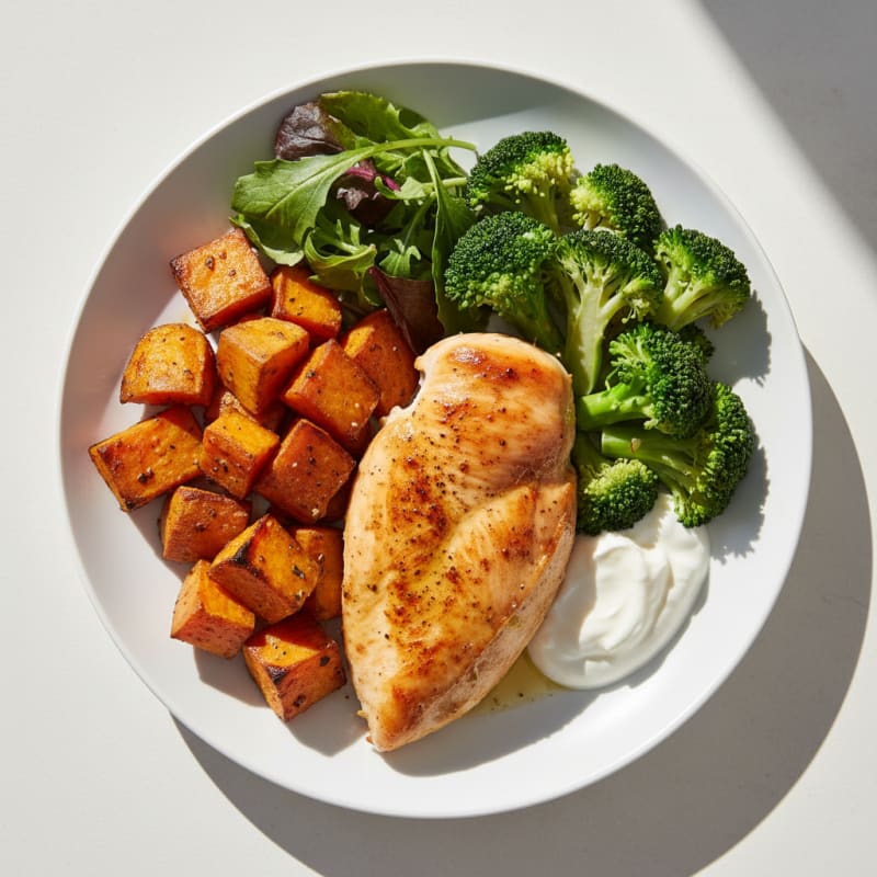 Oven-Baked Chicken Breast with Roasted Sweet Potato and Steamed Broccoli