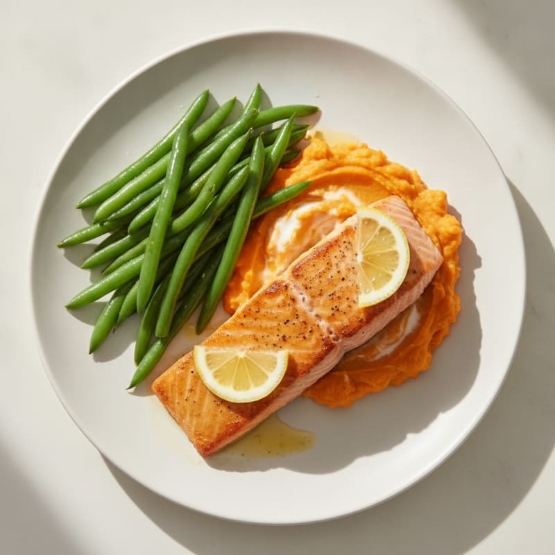 Seared Salmon with Steamed Green Beans and Sweet Potato Mash
