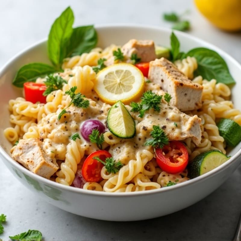 Creamy Lemon Herb Chicken Pasta Salad with Roasted Vegetables