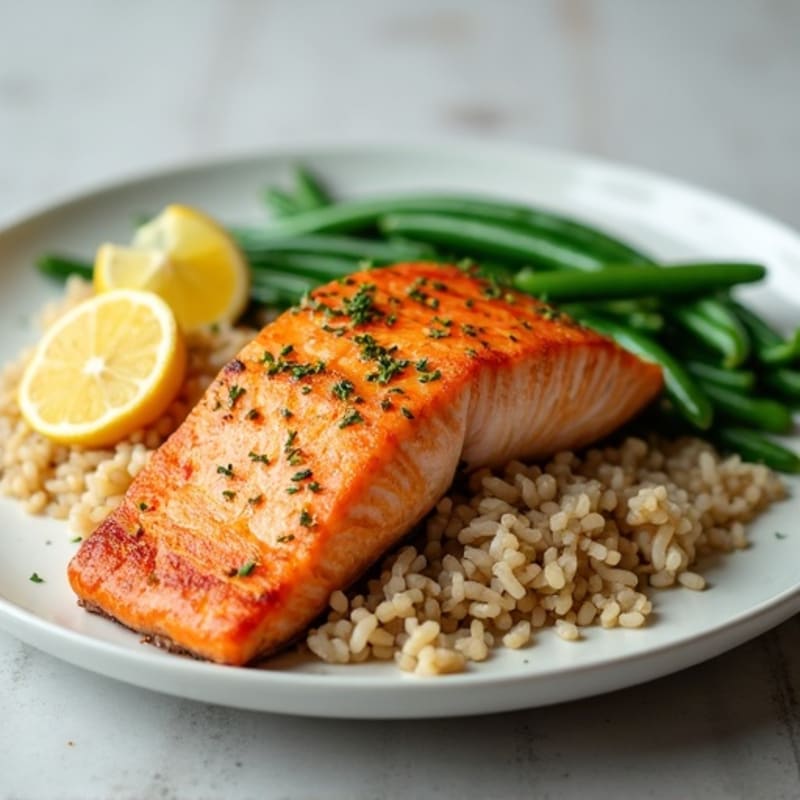 Seared Salmon Fillet with Steamed Green Beans and Brown Rice
