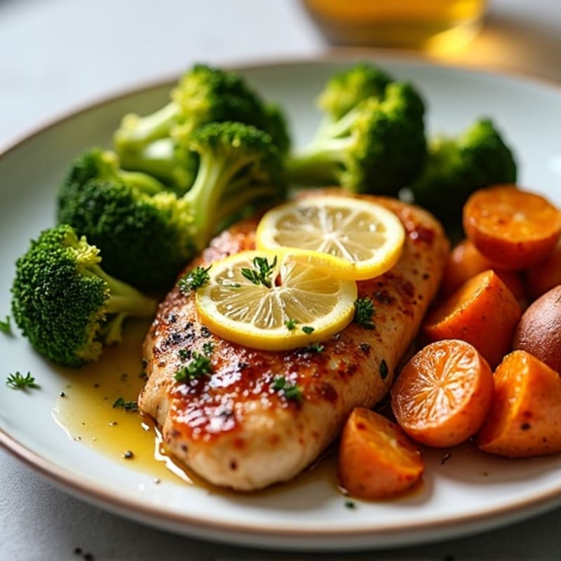 Lemon Garlic Pan-Seared Chicken with Crispy Roasted Broccoli and Sweet Potato