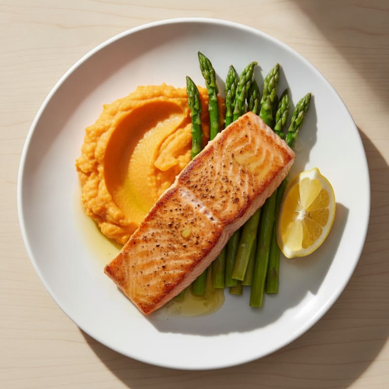 Seared Salmon with Steamed Asparagus and Sweet Potato Mash