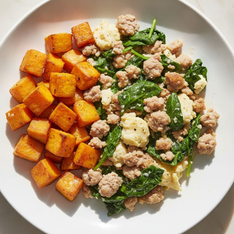 Egg White and Turkey Sausage Scramble with Spinach and Roasted Sweet Potato