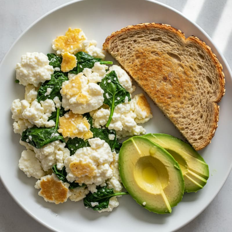 Egg White Scramble with Cottage Cheese and Sautéed Spinach