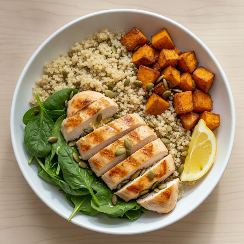 Grilled Chicken and Quinoa Bowl with Roasted Sweet Potato and Spinach