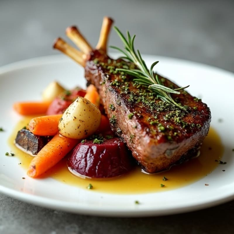 Herb-Crusted Lamb Backstrap with Crispy Roasted Root Vegetables