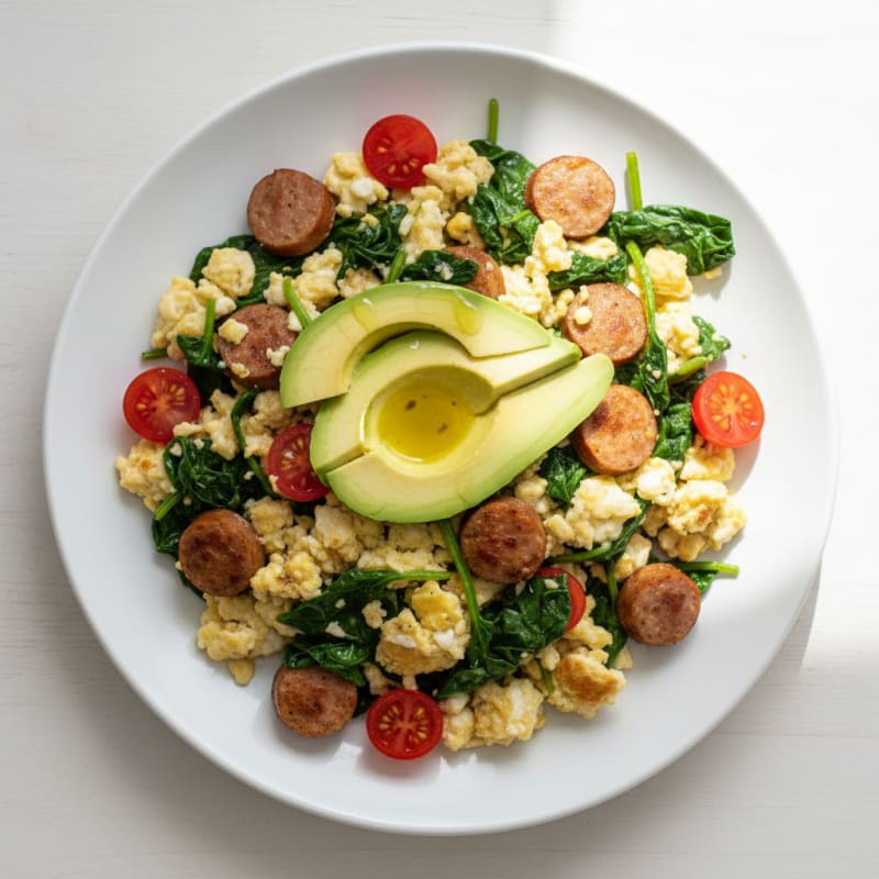 Egg White Scramble with Turkey Sausage and Sautéed Spinach