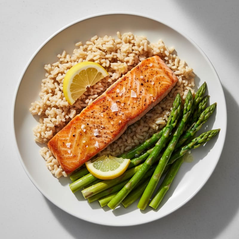 Seared Salmon with Steamed Asparagus and Brown Rice