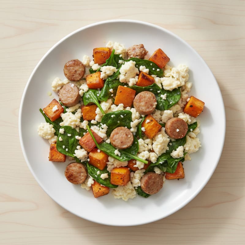 Egg White and Turkey Sausage Scramble with Spinach and Roasted Sweet Potatoes