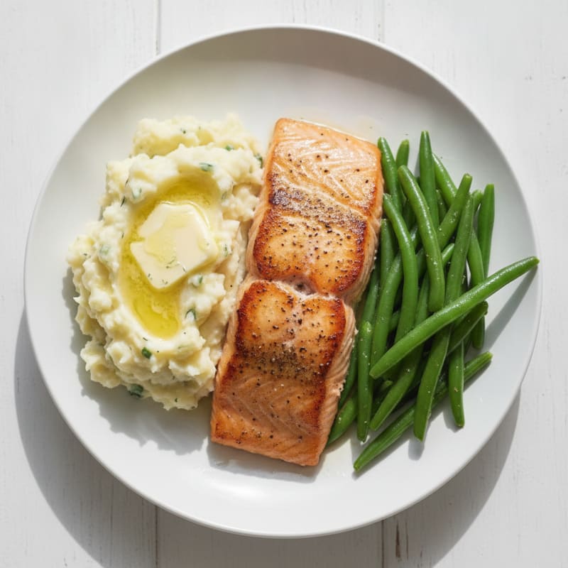 Seared Salmon Fillet with Steamed Green Beans and Garlic Mashed Potatoes