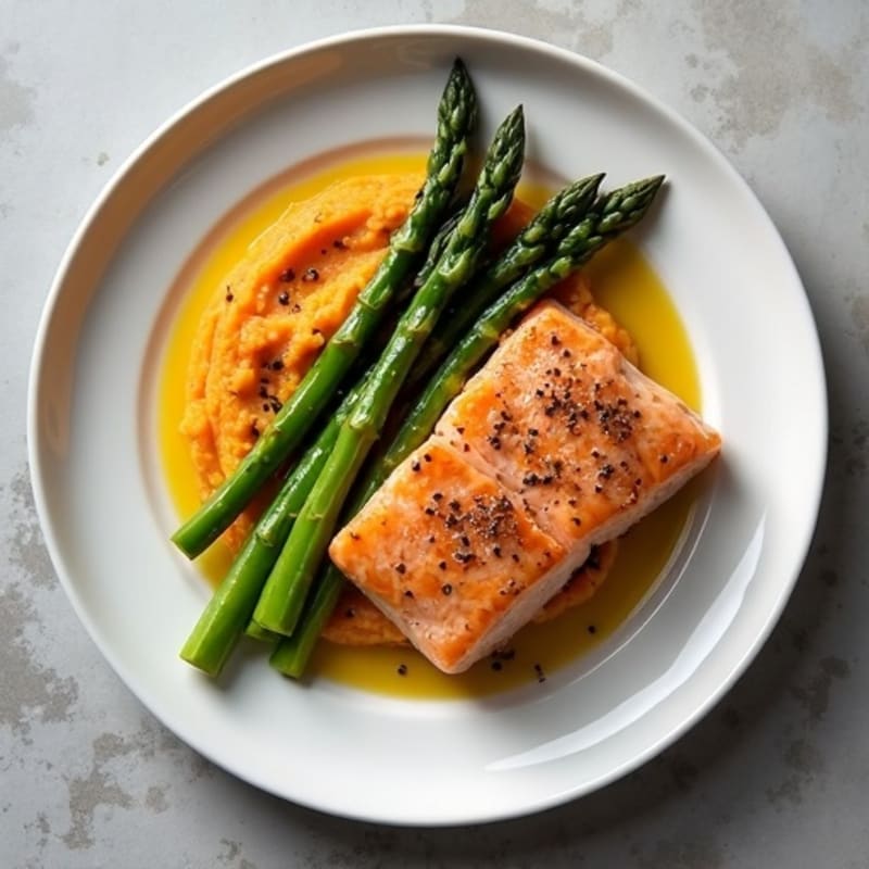 Seared Salmon with Roasted Asparagus and Sweet Potato Mash