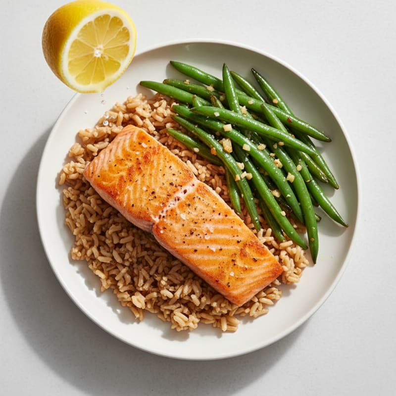 Seared Salmon Fillet with Garlic Green Beans and Brown Rice