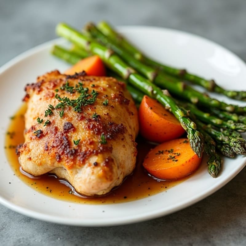 Crispy Lemon Herb Roasted Chicken Thighs with Roasted Asparagus and Sweet Potatoes