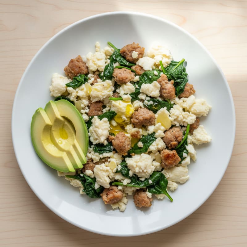 Egg White Scramble with Turkey Sausage and Sautéed Spinach