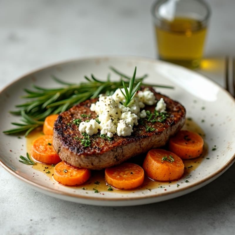 Herb-Crusted Steak with Roasted Sweet Potato and Crumbled Feta